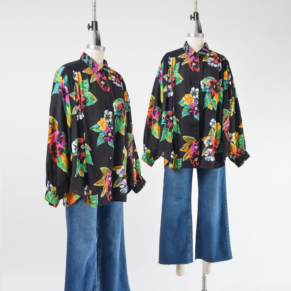 Vintage 90s Black Tropical Floral Blouse Sequin Beaded Button Up Shirt Plus Size